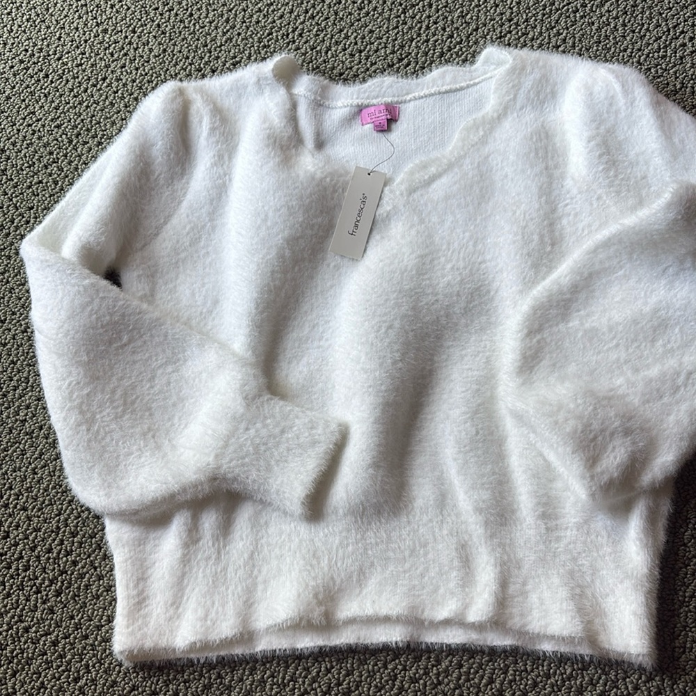 White super soft sweater. V neck Francesca’s mi ami size small. NEW NWT orig $56